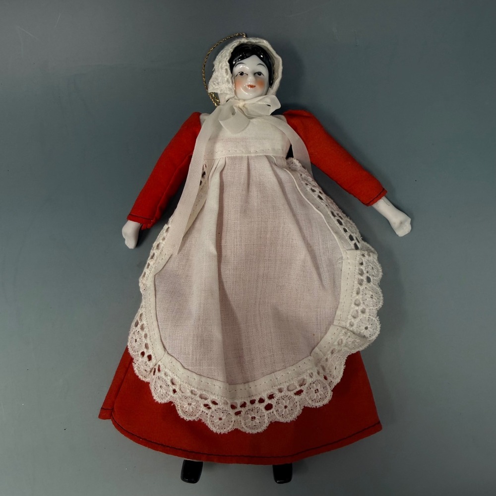 Vintage Porcelain China Head Doll Ornament Red Dress White Lace Apron 7.5 Inch